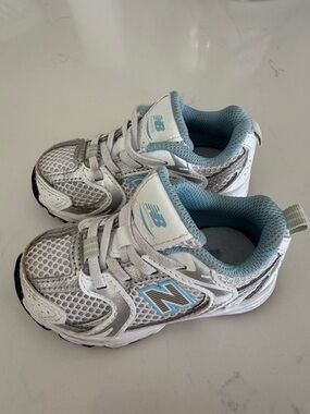 New Balance Kids White and Light Blue Mesh Sneakers